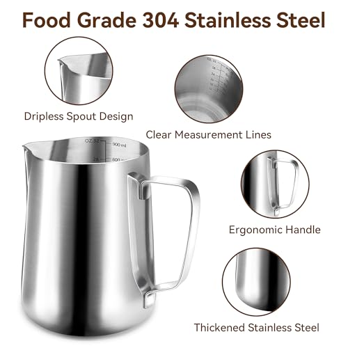 32oz Milk Frothing Pitcher, 304 Stainless Steel | 12oz/20oz/32oz Milk Frother Cup with Measuring Scale & Latte Art Pen for Espresso, Coffee, Cappuccino - size: 32 Ounces