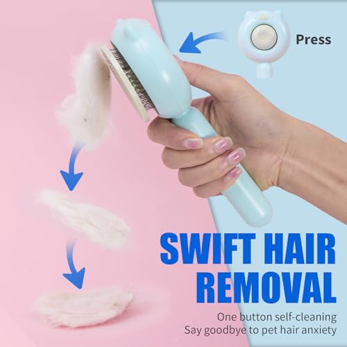 Cat Brush Dog brushes with Release Button for Shedding Grooming, suit for Long or Medium Haired Cats, Lightweight Skin Friendly Pet Brush Hair Removal Comb Brushes for Kitten - color: Light Blue