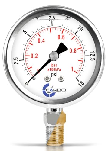 15 PSI Glycerin Liquid Filled Pressure Gauge, 2.5" Dial, 1/4 NPT Lower Mount, 304 Stainless Steel Case, Brass Wetted Parts, Dual Scale PSI/Bar - ASME B40.1 Grade A - size: 0-15 Psi, style: STANDARD