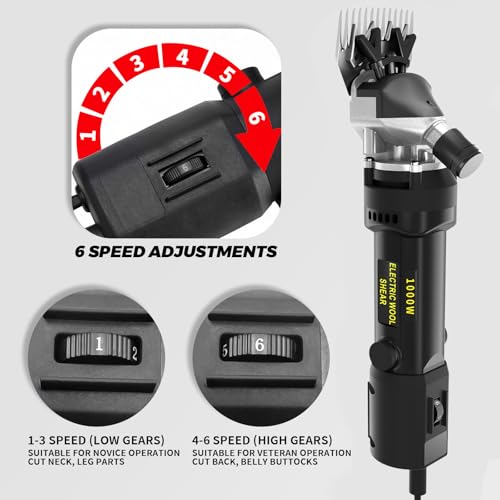 PAT JUUMG Sheep Shears,1000W Professional Heavy Duty Electric Animal Grooming Clippers for Livestock, Horses, Goats, Cattle, with 6-Speed Settings and 2 Detachable Blades for Thick Goats (Black) - color: Black