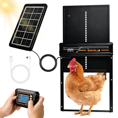 Automatic Chicken Coop Door Solar Powered with Remote Control Setup & LCD Screen, Anti-Pinch Chicken Door, Aluminum Auto Poultry Door with Timer & Light Sensor