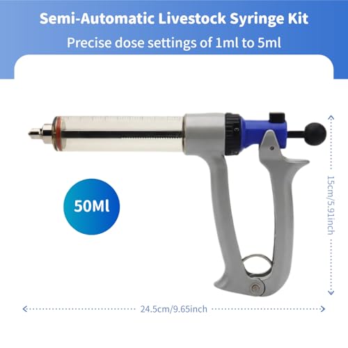 Danbark 50ml Semi-Automatic Livestock Syringe Kit, Metal Adjustable Dose Repeater,UV Resistant Barrel, Ergonomic Grip Handle, for Cattle and Goats