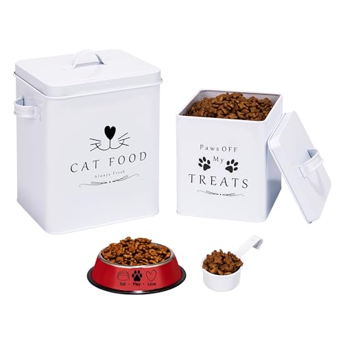 Meraki Home Farmhouse Cat Food and Treats Containers + Feed Scoop + Pet Food Bowl - Tight Lids - Large Metal Storage Bin - Great Gift for Cute Pets (Glossy White) - color: Glossy White