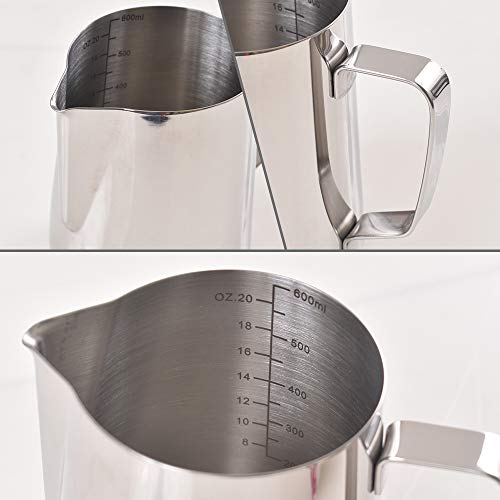 homEdge Espresso Steaming Pitchers 20 OZ / 600ml, Stainless Steel Frothing Pitcher with Measurement Scale - size: 20 Ounces