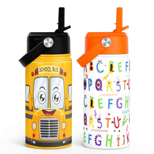 SANDJEST Kid Water Bottle 12oz with Straw Lid - 2-Pack Insulated Stainless Steel Water Bottles for Kids Girls Boys - Travel Cup for Back to School Sports Christmas Birthday (Alphabet & School Bus) - color: Alphabet + Construction