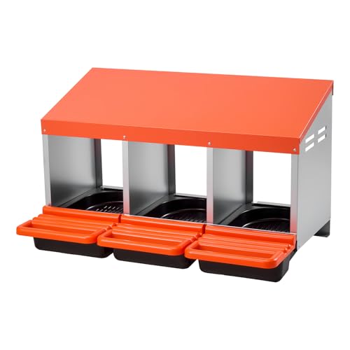 VEVOR Chicken Nesting Boxes, 3 Compartments, Metal Egg Laying Boxes with Protective Collection Lids, Roll Out Nesting Box, Easy to Assemble, Ideal for Hens, Ducks, Chickens, and Other Poultry, Orange - size: 31.3"L x 20.6"W x 18.7"H
