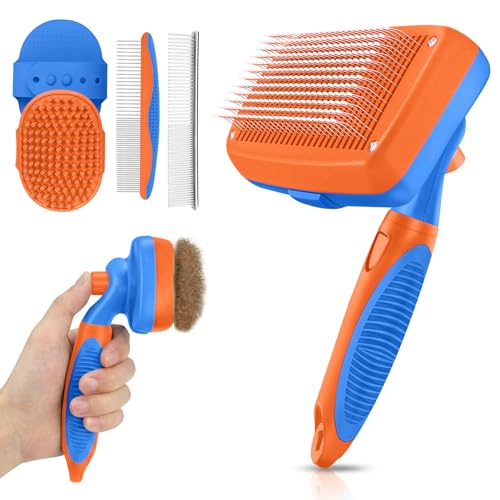 Self Cleaning Shedding Brush - 5-in-1 Professional Pet Grooming Kit Skin Friendly Grooming Tool for Dogs, Cats, and Puppies, Deshedding and Hair Removal for Long and Short Haired Pets,（Blue-Orange） - color: Blue-Orange