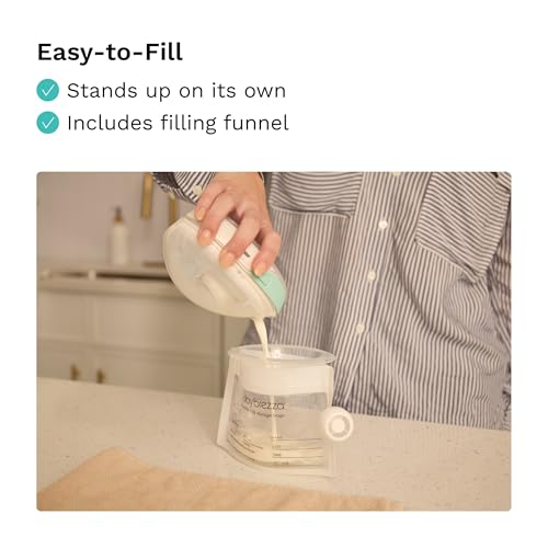 Baby Brezza Reusable Breastmilk Storage Bags, 10 Pack With Filling Funnel | Self Standing Bags with Funnel + Wide Opening for No Spill, Easy Filling - Leak Proof, Double Zipper Seal, Dishwasher Safe