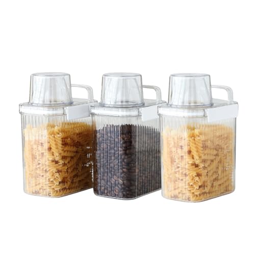 Neoflam 3 Set Airtight Kitchen Pantry Dry Food Container with Handle, Dog, Cat, Pet Feed Dispenser with Measuring Cup, Refrigerator Cabinet Organization for Cereal, Rice, Grain, Pasta (44 oz, 1300ml) - size: 44 oz