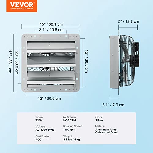 VEVOR 12 Inch Shutter Exhaust Fan Wall Mounted 1347 CFM Automatic Louvers, Sturdy Steel Housing, Low Noise, AC Motor, Ventilation and Cooling for Attic, Garage, Barn, Greenhouse, Workshop, Silver - size: 12 Inch