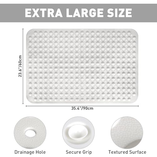Shower Mat Non Slip: 35.4 x 23.6 Inch Extra Large TPE Shower Mats for Inside Shower - Anti Slip Shower Stall Matt with Drain Hole and Suction Cups for Elderly - color: White, size: 35.4" x 23.6" (Rectangular)
