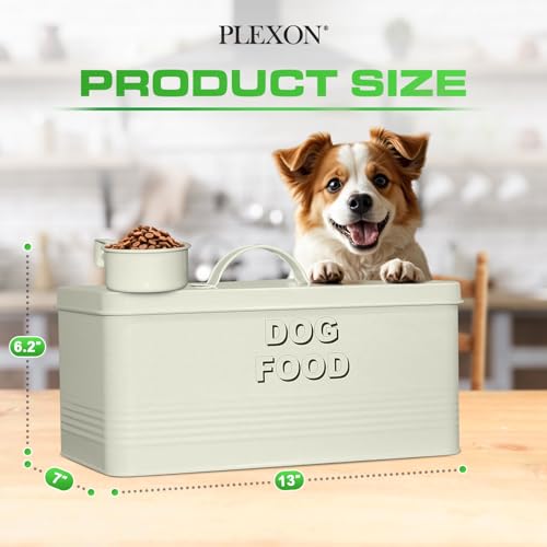 Plexon Metal Dog Food Storage Container with Scoop - Small Dog Food Container 10lbs Holder Treat Jar Bin with Lid - Pet Chow Storage Canister Tin, 2 Gallon, Off-White - color: Off-white, 2 Gall Capacity