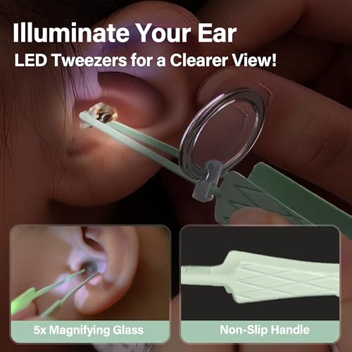 15 Pack Ear Wax Removal Tool Kit with Light - LED Ear Cleaning Kit, Ear Wax Removal for Kids and Adults, Ear Cleaning Tool, Ear Picker Spoon & Ear Tweezers & Spiral Spring Ear Spoon Green - color: Green