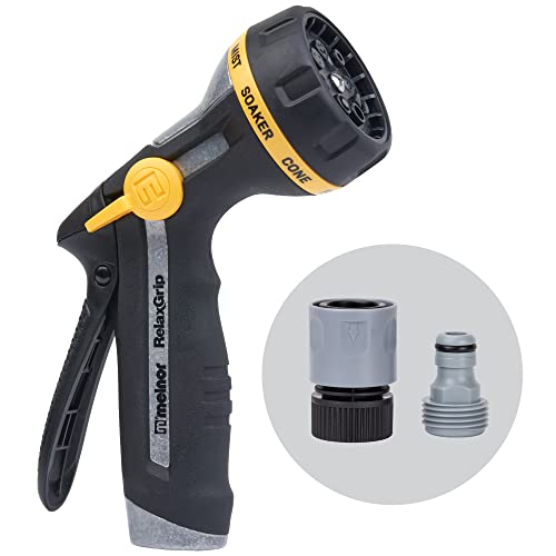 Melnor 65187AMZ RelaxGrip 8-Pattern Hose Nozzle with Quick Connect Bundle, Ergonomic Rear Trigger, Lightweight Water Nozzle, Arthritis Foundation Ease of Use Certified, Black, Yellow - size: 8-Pattern, style: Rear Trigger