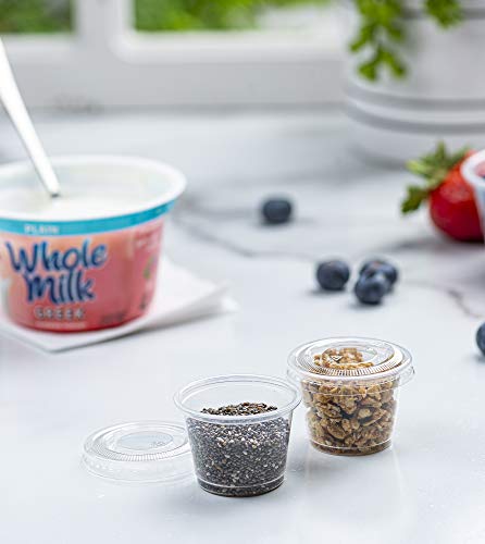 Small Plastic Containers with Lids, 1 Oz Portion Cups, 100 Sets | Mini jello shot & souffle sizes for sauce, dressing, condiments, dips, pills & sampling; airtight leakproof, stackable