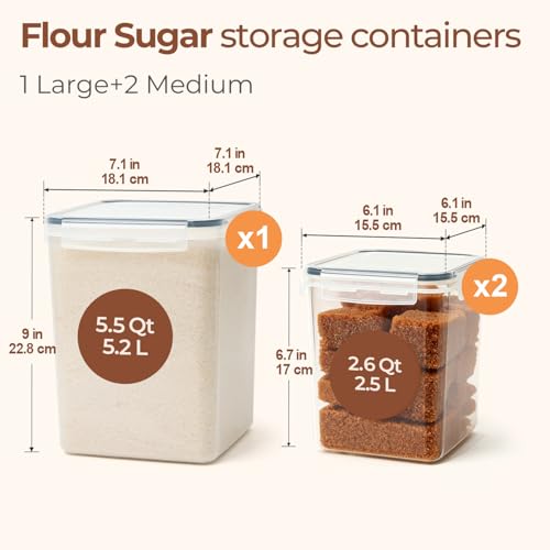 ComSaf Airtight Flour and Sugar Container 2.6Qt & 5.5Qt 3Pack, Wide Mouth | Plastic Food Storage Canister with Lid, Flour Sugar Cereal Rice Oats, Pantry Kitchen, Stackable Baking Supplies, Label, Scoop - size: 5.5Qt/2.6Qt-Square