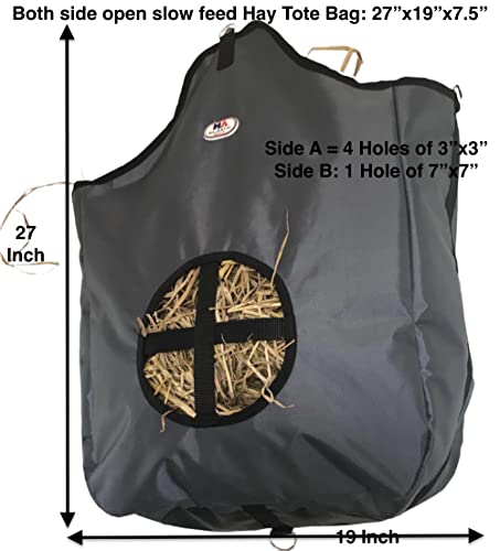 Majestic Ally Nylon Hay Feeder Tote Bag for Horse, Goat, Sheep - Double Sides Open Feed Hole with Faux Leather Ventilated Bottom- Premium Quality -Simulates Grazing - Reduces Waste (Dark Gray) - color: Dark Gray