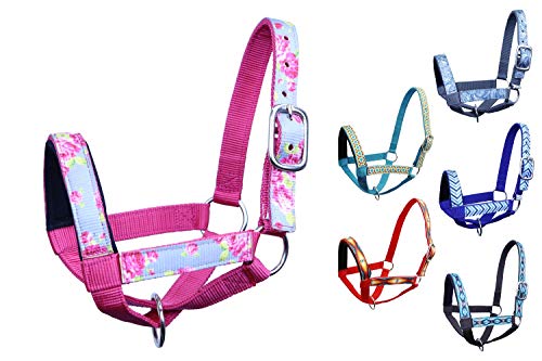 Double Layer Heavy Duty Padded Overlay Printed Nylon Cow Halter - 6 Month Warranty - color: Grey Floral and Hot Pink, size: Large (Cow)