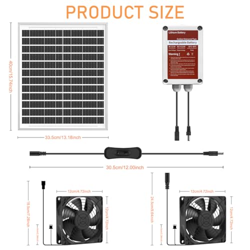 Solar Powered Fan Kit with Battery, Solar Powered Fan for Shed & Greenhouse, for Intake or Exhaust Vent Cooling for Chicken Coop, Dog House