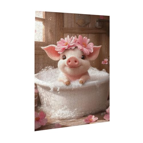 Piggy in The Bathtub, Adults Wooden Jigsaw Puzzles, Puzzles for Adults 500 Pieces, Funny Animal and Bathroom Wooden Puzzles Relieve Work Stress Game, Ideal for Relaxation and Family Fun