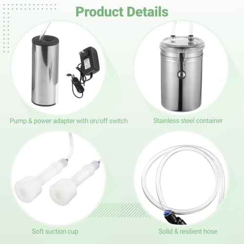 Electric Goat Milking Machine, 67 oz Stainless Steel Goat and Cows Milking Machine,Milking Bucket with Electric Vacuum Pump, Dual Teat Cups, Plug Switch and Hoses for Goats Sheep Cows