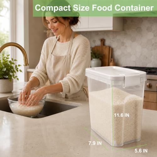 Rice Storage Container 10-15 Lbs, Airtight Flour Dry Food Bin with Scoop | Tight-Lock, Food-Grade Plastic Food Storage Container Dispenser for Cereal, Sugar, Kitchen, Pantry Organizers and Storage - color: Shiny White