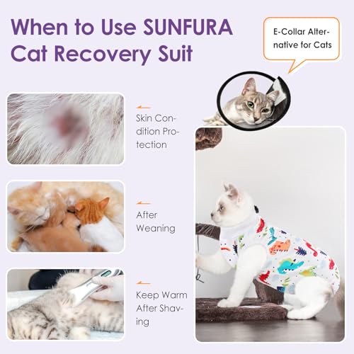 Cat Recovery Suit, Soft Kitten Onesie for Cats After Surgery Female | Breathable Spay Recovery Suit for Cats E-Collar Alternative Protective Bodysuit Anti Licking for Abdominal Wound, Dinosaur S - color: Colorful Dino, size: Small