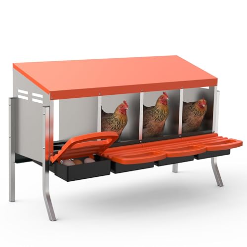 Metal Chicken Nesting Box with Easy-Collect Tray & Lid – 3/4/2x2 Compartment Heavy Duty Roll Away Nesting Boxes for Chickens, Wall Mount or Freestanding, Galvanized Steel Hen Laying Box for Coop