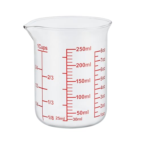 Ackers Borosilicate Glass Measuring Cup with Spout, 250 ml, 8 oz/1 Cup | Handle-free beaker shape with printed cup, oz and ml scales for cooking, baking and small-batch drink preparation - size: 1Cup,250ML