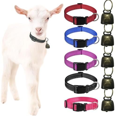 5 Pack Goat Collars Reflective Goat Collars with Grazing Copper Bells and Adjustable Nylon Collar with Anti-Lost Loud Bronze Bell for Farm Animal Goat Sheep Horse Cow(Size:S Neck 12-16") - size: S-Small (Neck 12-16")