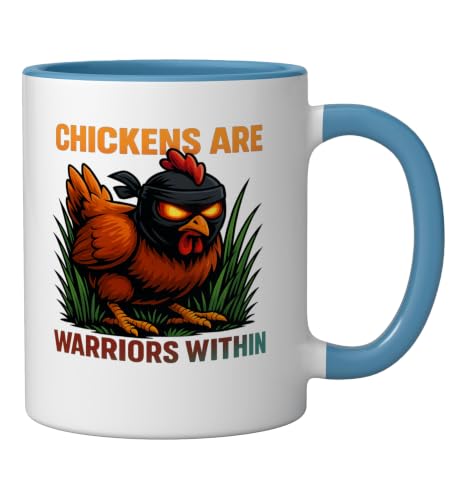 Chickens Are Warriors Within Funny Poultry Ninja Ceramic Mug, Blue/White, 11oz - color: Blue/White, size: 11 Ounces