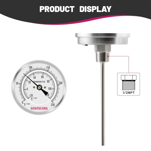 Bimetal Thermometer, Full Stainless Steel, 3" Dial Size, 6" Stem, 1/2" NPT Back Mount, 0-250 Deg F/-20-120 Deg C, 1% Accuracy - size: L=6"