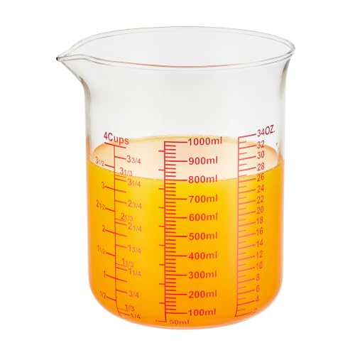 Ackers BORO3.3 Borosilicate Glass Measuring Cup with V-Spout, 1000 ml | Red printed ml, fl oz and cup scales with a wide opening for cooking, baking, mixing and liquid transfer - size: 4Cup,1000ML