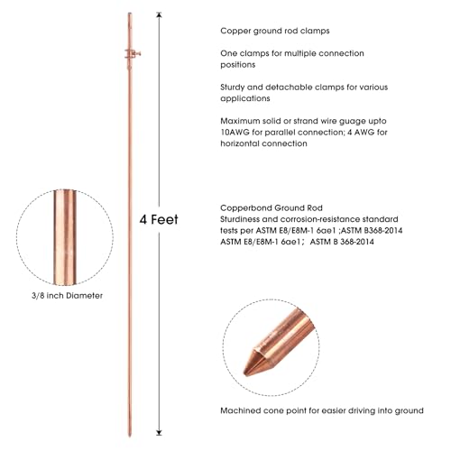 GOUNENGNAIL- 4' Grounding Rod - 3/8" Copper Ground Rod with Wire Clamp | Great for Electric Fences, Antennas,Satellite Dishes,and other Grounding Needs (1, 3/8''x4')