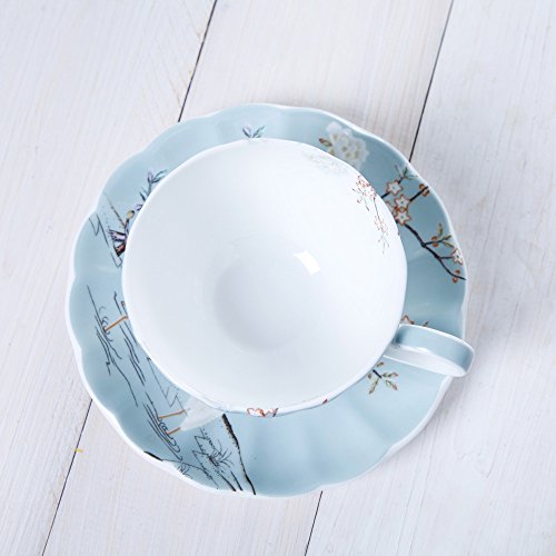 8oz Blue Fine Bone China Coffee Cup with Saucer,Colored Flowers,White Crane Porcelain Tea Cup and Saucer | Vintage Porcelain Coffee Cup with Scalloped Rim for Women and Tea Parties