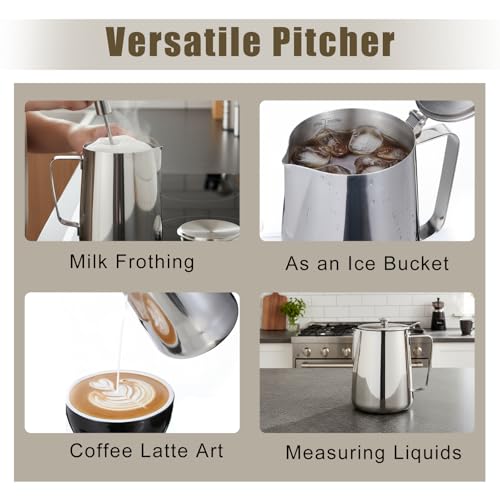 67 oz 304 Stainless Steel Pitcher with Lid, 2 L Large Mouth Graduated Beakers, Large Metal Measuring Cup with Handle, Milk Frothing Jug for Latte Art, Espresso Machines, Iced Tea - size: 67 Ounces