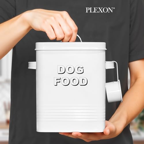 Plexon Metal Dog Food Storage Container with Scoop - Small Dog Food Container Holder Treat Jar Bin with Lid - Pet Chow Storage Canister Tin,1.5 Gallon, 7 lbs, White - color: White, 1.5 Gall Capacity