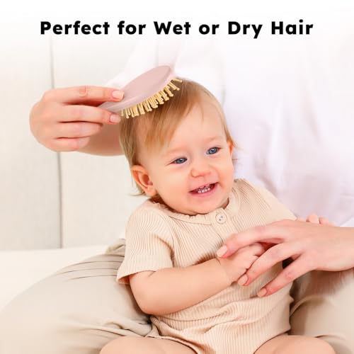 Yoofoss 4 Piece Baby Hair Brush and Comb Set，Wooden Baby Hair Brush with Natural Ultra Soft Goat Hair, Baby Comb Set for Boy, Girl - Pink - color: Pink