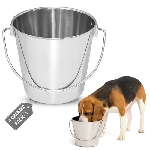 4 quart Heavy Duty Stainless Steel Round Bucket with Handle | 1 gal Durable Food & Water Bowl for Birds Dogs Cats Goat & Livestock | Fits kennel Crate Cage Farm | Hanging Utility Pet Pail - size: 4 Quarts