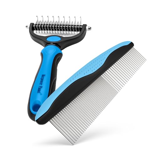 Maxpower Planet Pet Grooming Rake and Dematting Comb, Pet Pro | Blue, Deshedding, for Dogs, Extra-Wide, 5-Finger Design, Long & Short Hair, 2-Piece Set, 9 & 17-Teeth Sides - color: C - Rake and Comb Kit (Best Value), size: Large