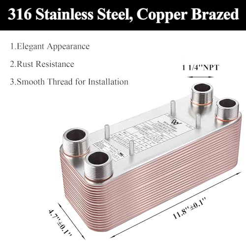 Brazed Plate Heat Exchanger Stainless Steel SS316L 5"x12" 20 Plates 1 1/4" MPT 330,000 BTU/hr Hydronic Heating