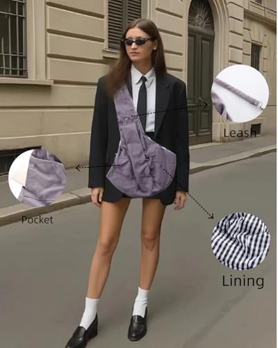 Pet Sling Carrier, ReversiblePurple Shoulder Bag with Safety Leash, Snap-Fit Design, Storage Pocket, for Pets Up to 16.53 lb