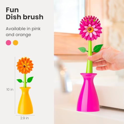 Vigar Flower Power Dish Brush with Handle and Vase Holder - Pink | Dish Scrub Brush for Dishes, Kitchen Scrub Brush, Sink Cleaning Brush, Pot Scrubber, Dishwashing Brush - color: Pink