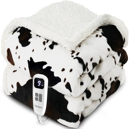 Heated Blanket Throw Blanket - Fast Heating Electric Blanket, Soft Heated Throw with 4 Time Settings,10 Heating Settings, Warm Gifts for Women Mom Grandma(50" x 60" Cow Print White) - color: 01 - Black Ombre-white, size: Throw 50" x 60"