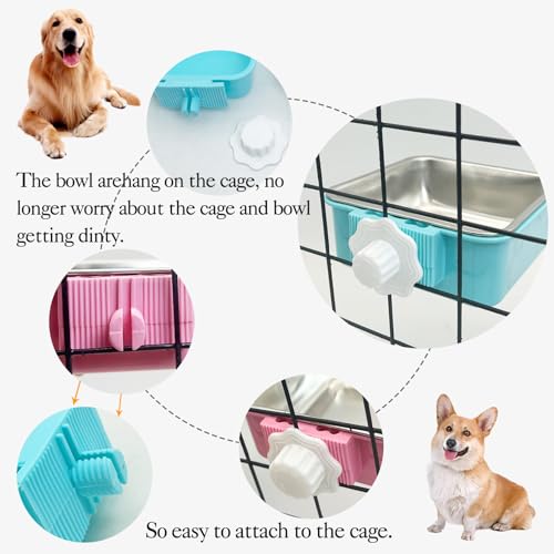 kathson Crate Dog Bowl, Removable Stainless Steel Hanging Pet Kennel Cage Bowl Food & Water Feeder Coop Cup for Puppy, Cat, Rabbit, Guinea Pigs 3pcs Small Square(Blue, Green, and Pink) - color: Square (Blue, Green, Pink), size: 3 PCS