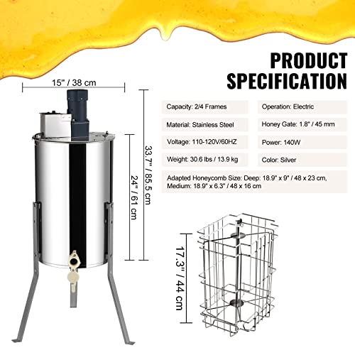 VEVOR Electric Honey Extractor, 2/4 Frame Stainless Steel Beekeeping Extraction, Honeycomb Drum Spinner with Transparent Lid, Apiary Centrifuge Equipment with Height Adjustable Stand | Stainless Steel Spinner with Clear Lid, Fits 2 Deep and 2 Medium Frame