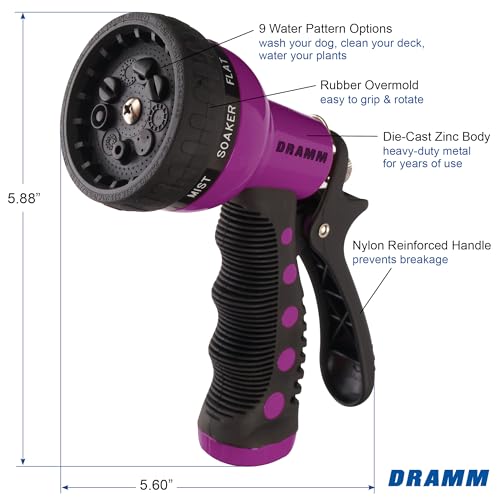 Dramm Revolver Heavy Duty Metal Garden Hose Nozzle – 9 Spray Patterns, High Pressure Jet, Thumb-Control Flow, Ergonomic Grip – Berry - color: Berry, size: No Size (Single), style: 9-Pattern Revolver