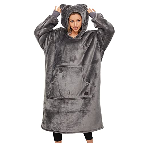 THREE POODLE Wearable Blanket Hoodie, Oversized Sherpa Sweatshirt Blanket for Adults Women Men, Warm Cozy Hooded Blanket, Gifts for Mom Girlfriend - color: Dark Gray, size: Adult-Extra Long