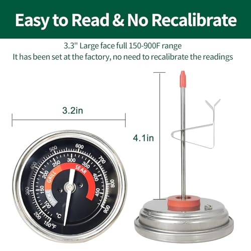BBQ Grill Temperature Gauge Waterproof Large Face for for Big Green Egg,3.3" Grill Temperature Gauge for Big Green Egg Accessories 150-900°F Cooking Thermometer (3.3" for BGE) - size: 3.3" for BGE