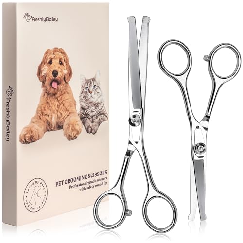 Pet Grooming Scissors Set - Round Tip Shears for Dogs & Cats | Professional-Grade Fur Trimming Shears Safely Cut Dog or Cat Hair. Set of 2.